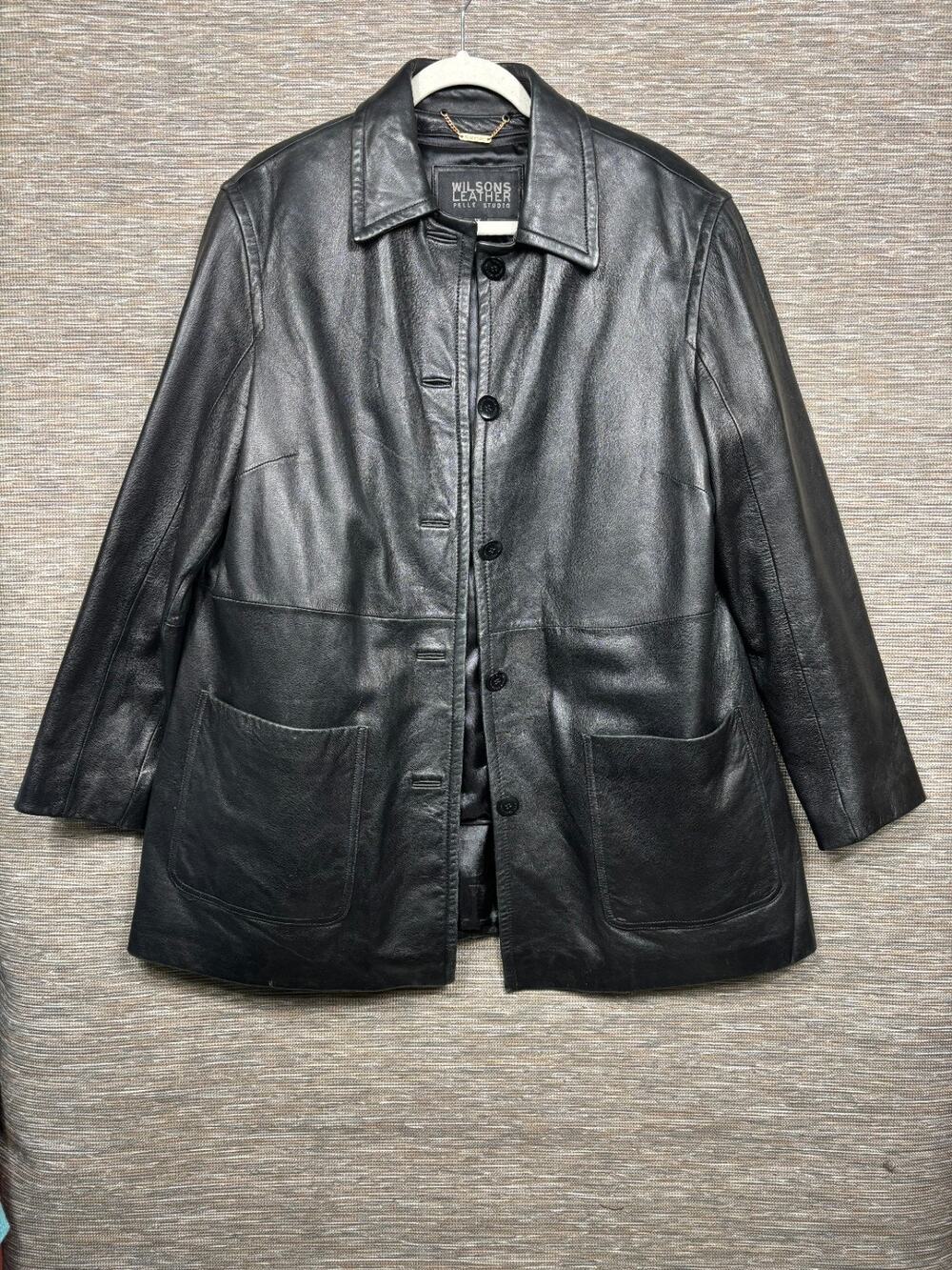 Wilsons Leather Jacket Womens 1X Black Button Front Genuine Leather Motorcycle